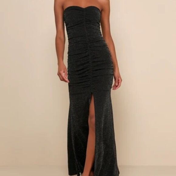 Lulus Black Glitter Ruched Strapless Maxi Dress Front Slit Womens Size Large NWT - Picture 1 of 9